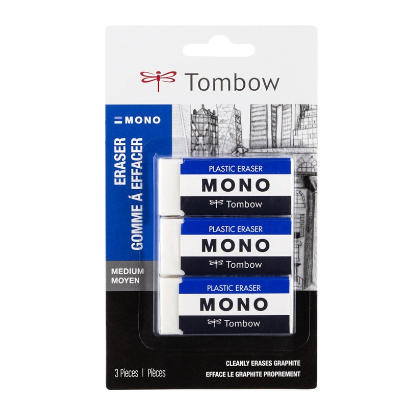 Tombow 57324 MONO Eraser, White, Medium, 3-Pack. Cleanly Removes Marks Without Damaging Paper - Image 1